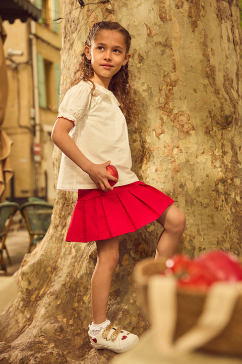 Pleated Red Cotton Skirt