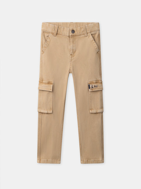 Beige Cotton Herringbone Cargo Pants