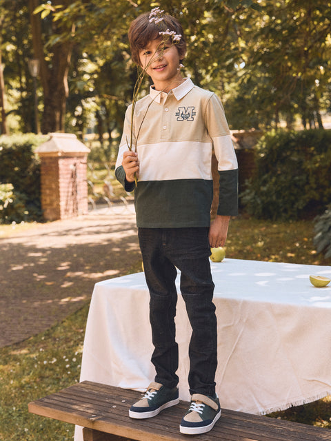 Green Colour Block Cotton Polo Shirt