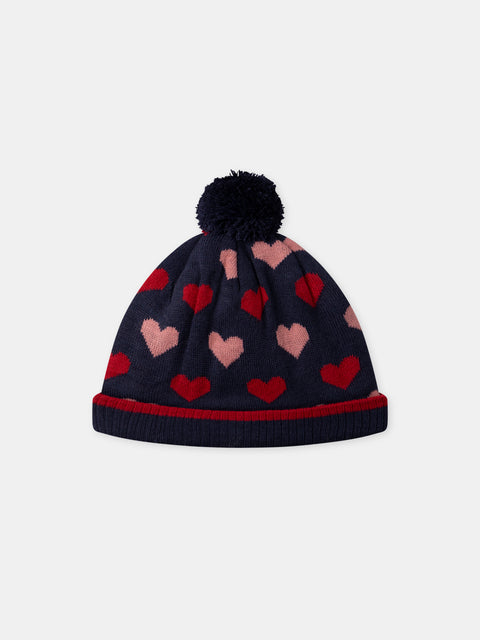 Lined Navy Heart Pattern Bobble Hat