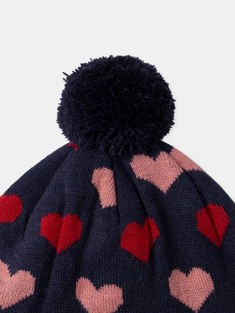 Lined Navy Heart Pattern Bobble Hat