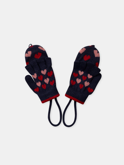 Navy Heart Pattern Gloves With Tie