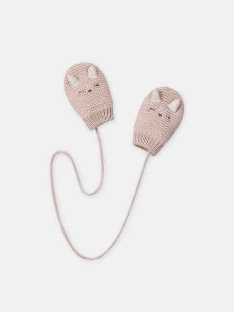 Lined Pink Mittens With Tie