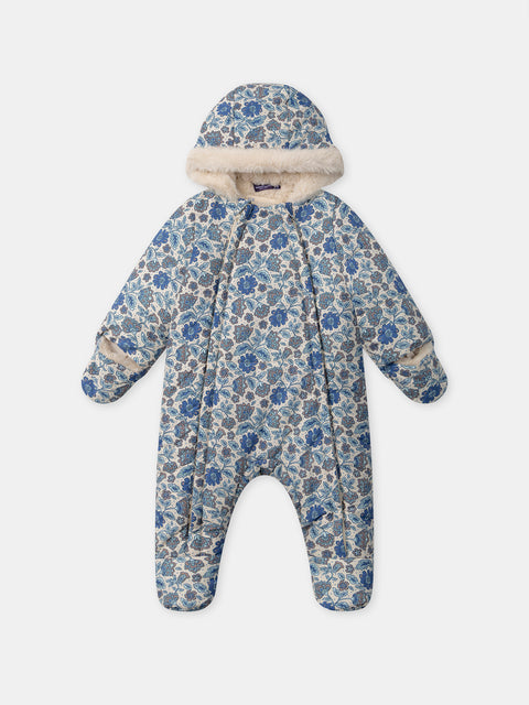 Blue Floral Print Faux Fur Lined Snowsuit