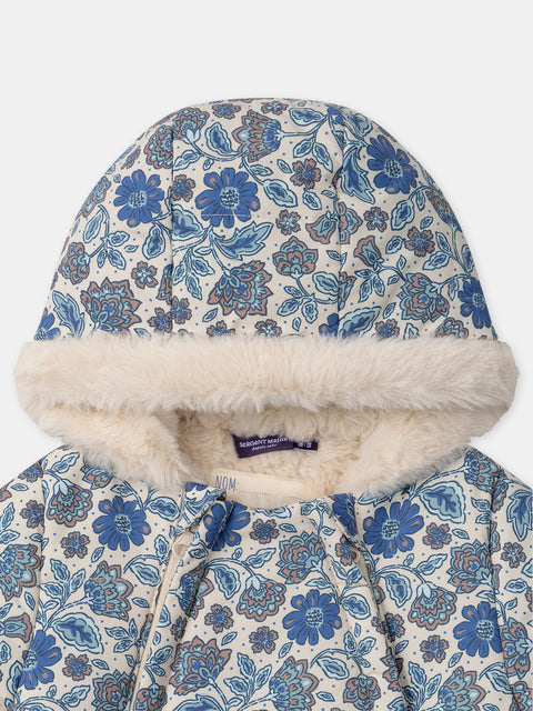 Blue Floral Print Faux Fur Lined Snowsuit
