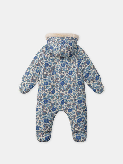 Blue Floral Print Faux Fur Lined Snowsuit