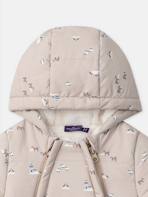 Beige Animal Print Faux Sheepskin Lined Snowsuit