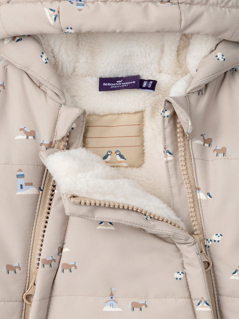 Beige Animal Print Faux Sheepskin Lined Snowsuit