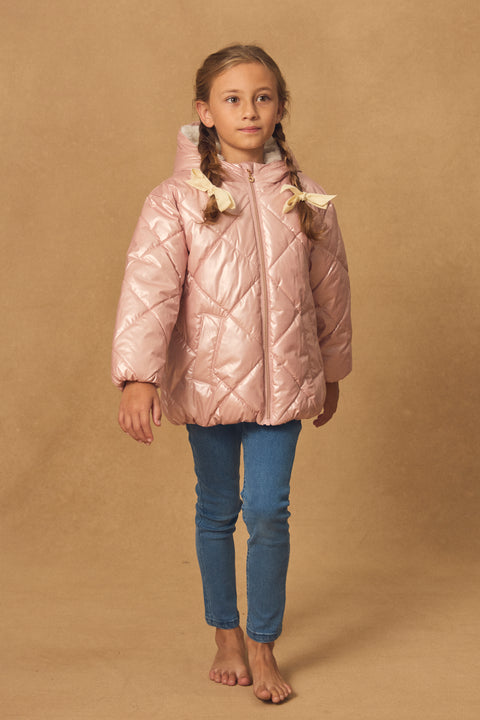 Metallic Pink Hooded Quilted Coat
