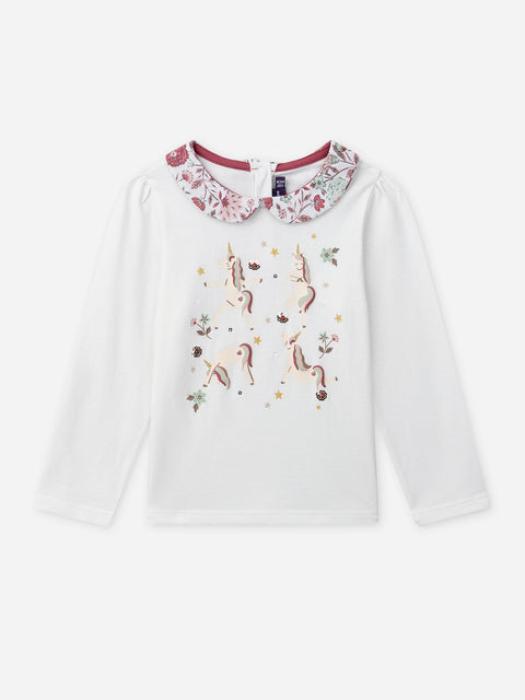 Unicorn Print Cream Cotton Collared T-shirt