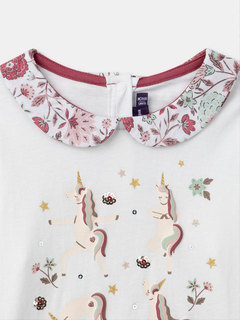 Unicorn Print Cream Cotton Collared T-shirt