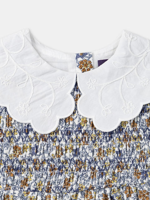 Lined Blue Floral Print Cotton Dress