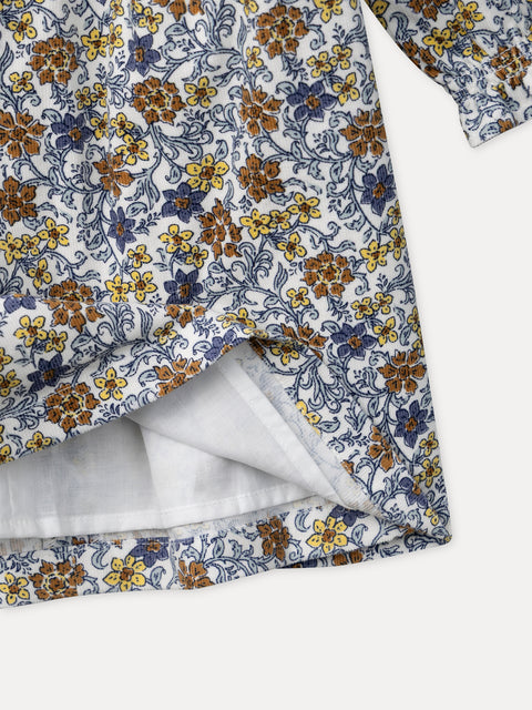 Lined Blue Floral Print Cotton Dress