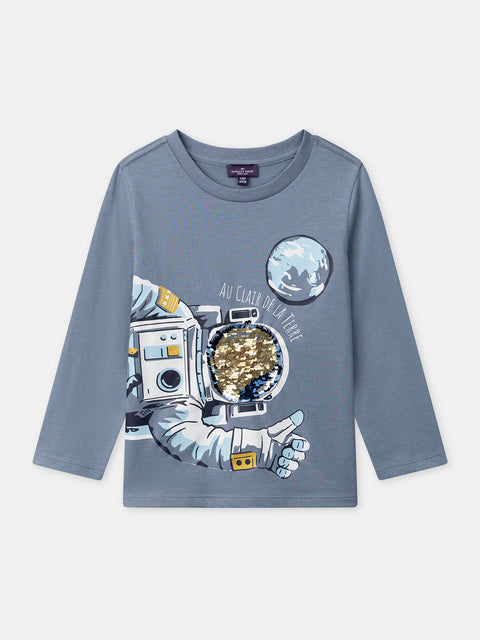 Blue Spaceman Print Cotton T-shirt