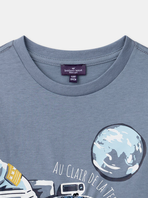 Blue Spaceman Print Cotton T-shirt