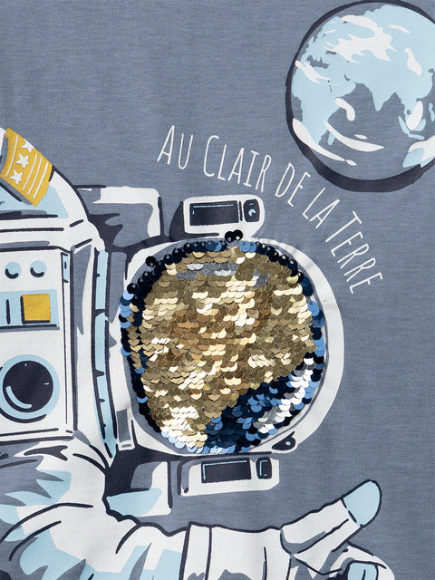 Blue Spaceman Print Cotton T-shirt