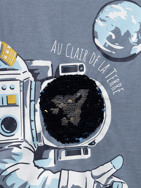 Blue Spaceman Print Cotton T-shirt