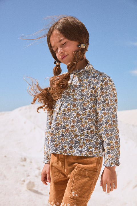 Lined Blue Floral Print Corduroy Blouse