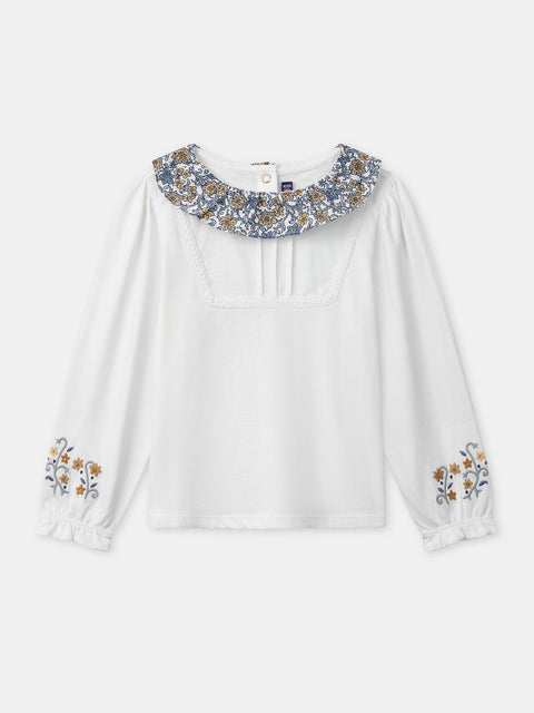 White Cotton Blouse With Printed Collar