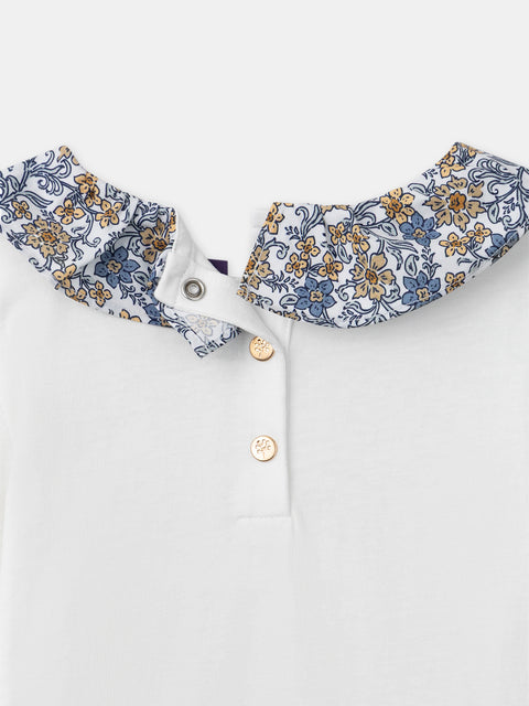 White Cotton Blouse With Printed Collar