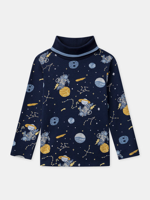 Navy Astronaut Print Cotton Polo Neck