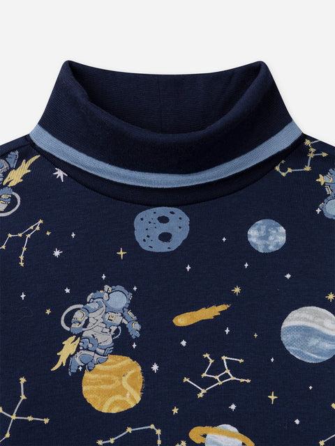Navy Astronaut Print Cotton Polo Neck