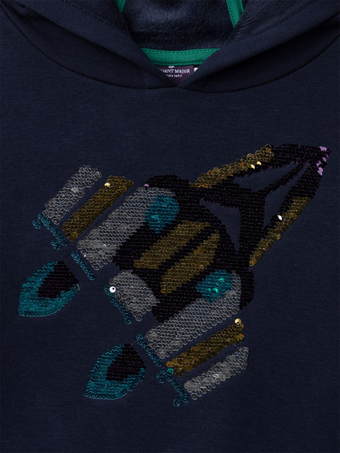 Navy Sequined Rocket Bonded Jersey Hoodie