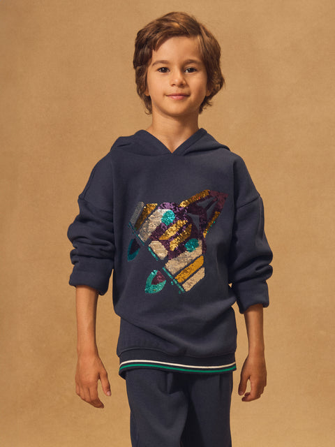 Navy Sequined Rocket Bonded Jersey Hoodie