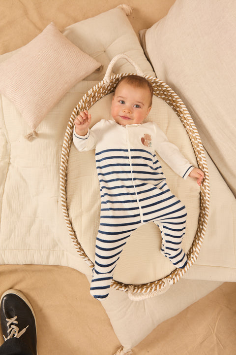 Navy & Cream Stripe Velour Sleepsuit