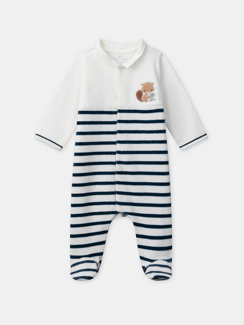 Navy & Cream Stripe Velour Sleepsuit
