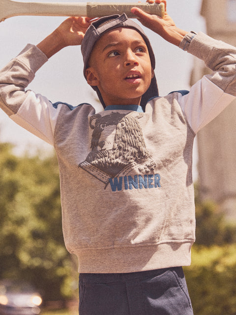 Grey Bear Print Cotton Fleece Sweatshirt