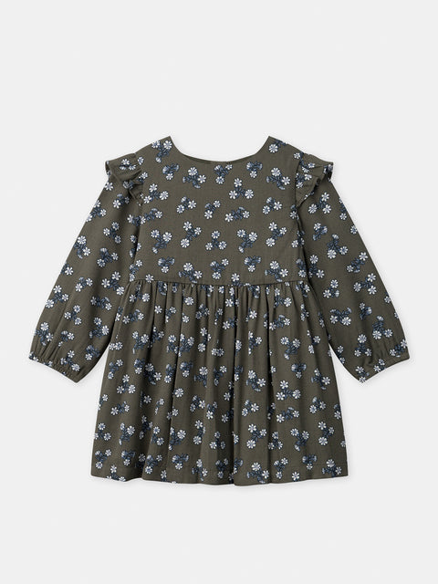 Khaki Green Floral Print Viscose Dress