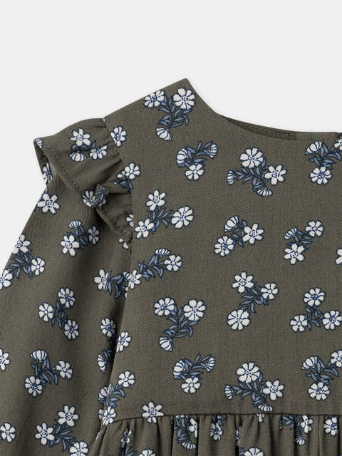 Khaki Green Floral Print Viscose Dress