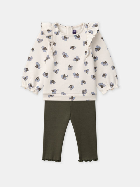 Cream Floral Print Cotton Fleece Sweatshirt With Matching Leggings