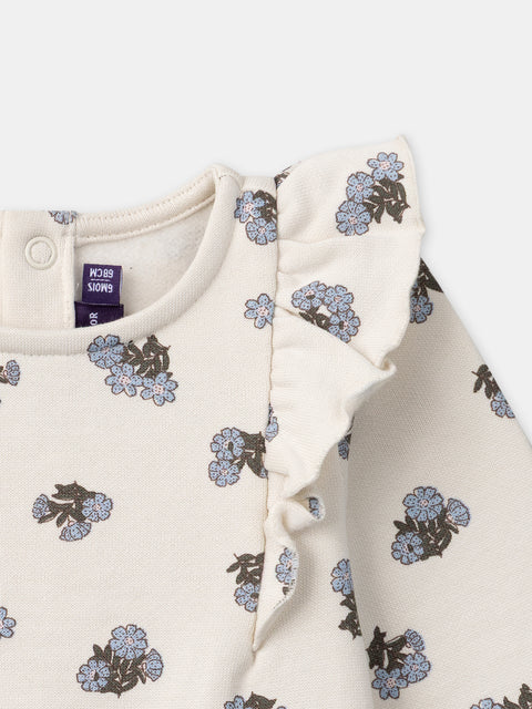 Cream Floral Print Cotton Fleece Sweatshirt With Matching Leggings