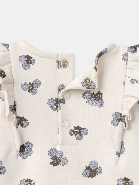Cream Floral Print Cotton Fleece Sweatshirt With Matching Leggings