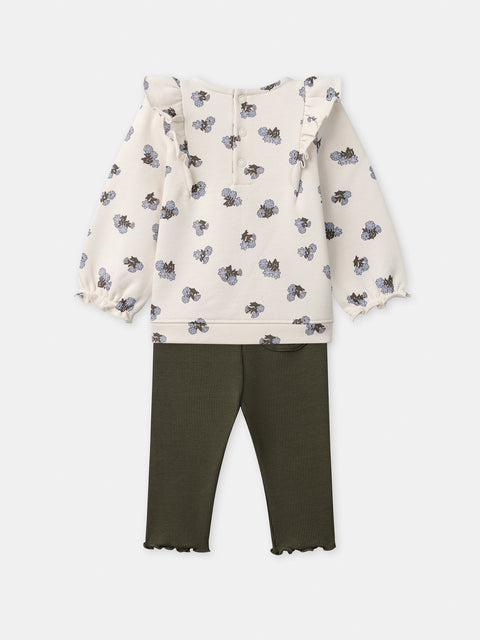 Cream Floral Print Cotton Fleece Sweatshirt With Matching Leggings