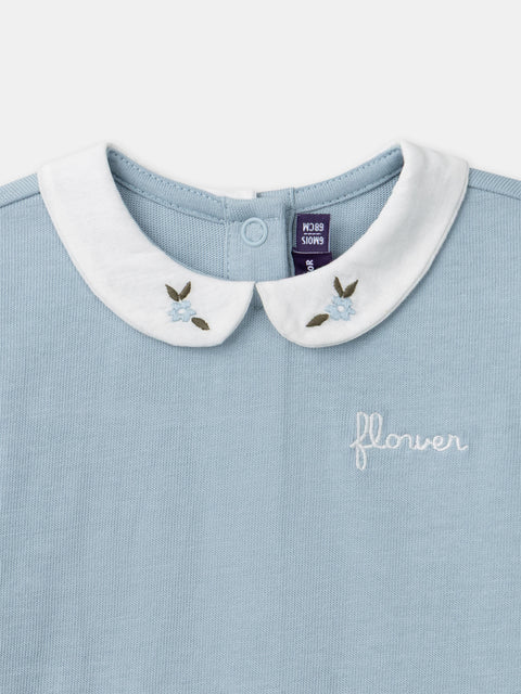 Blue Cotton T-shirt With Contrasting Embroidered White Collar