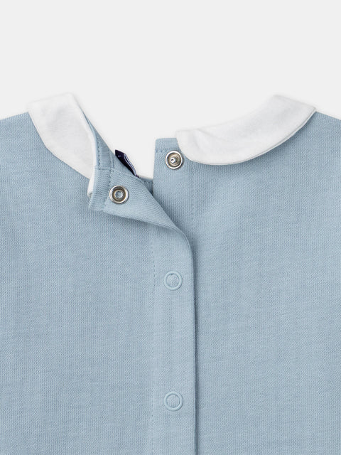 Blue Cotton T-shirt With Contrasting Embroidered White Collar