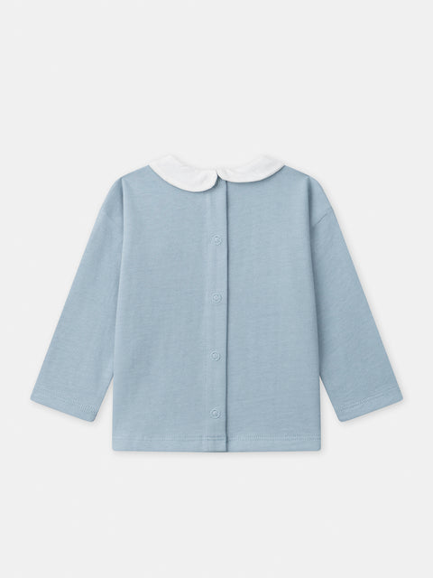 Blue Cotton T-shirt With Contrasting Embroidered White Collar
