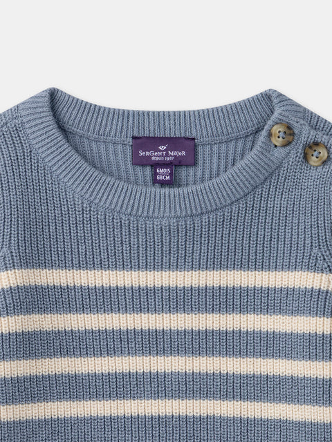 Blue Grey Striped Cotton Rib Jumper