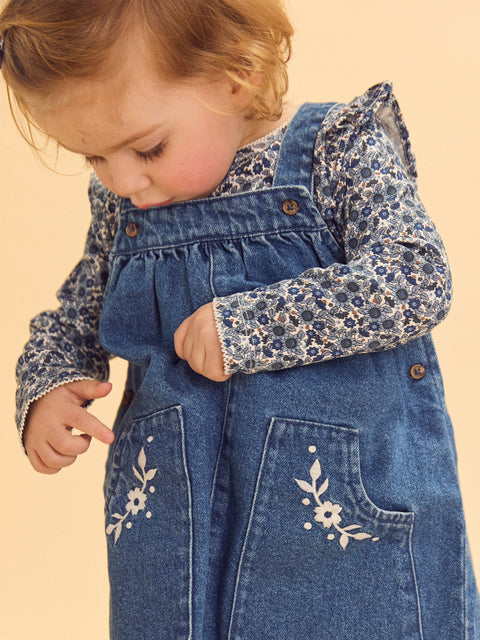 Blue Floral Print Cotton T-shirt With Denim Dress