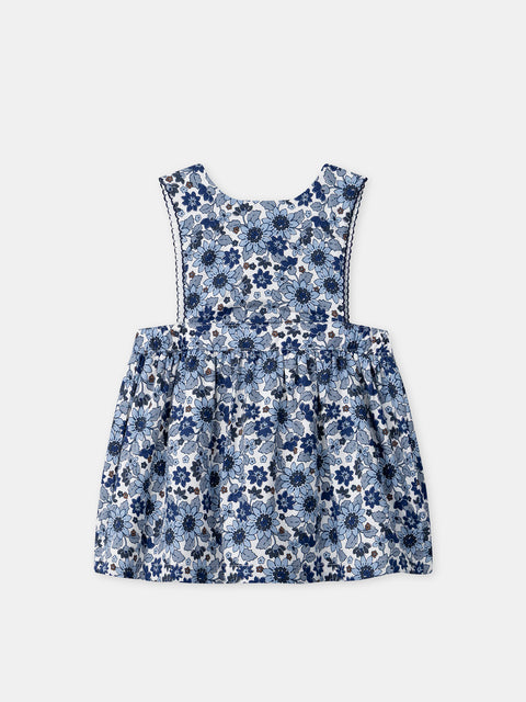 Lined Blue Floral Print Cotton Pinafore Dress