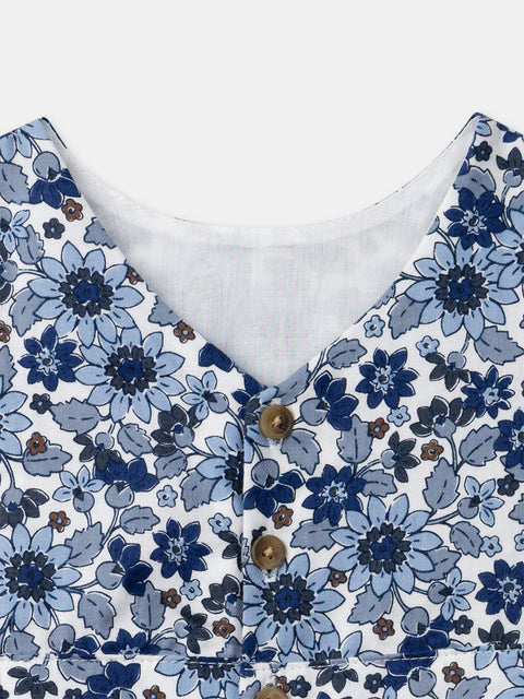 Lined Blue Floral Print Cotton Pinafore Dress