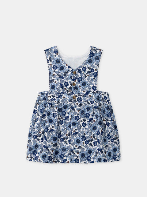 Lined Blue Floral Print Cotton Pinafore Dress
