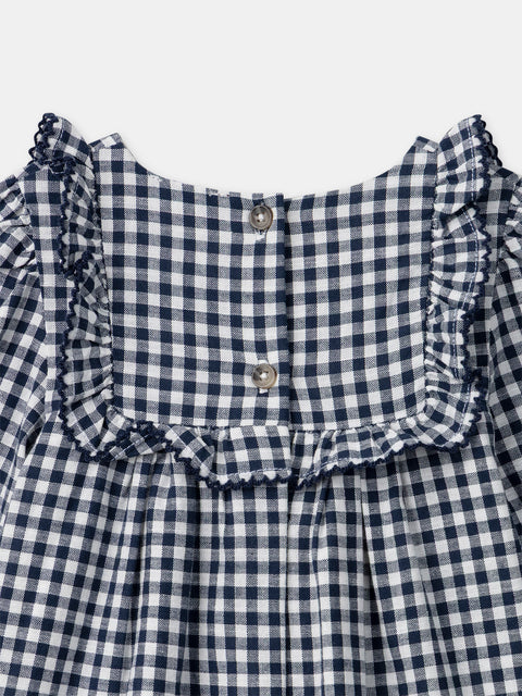 Embroidered Navy Gingham Dress