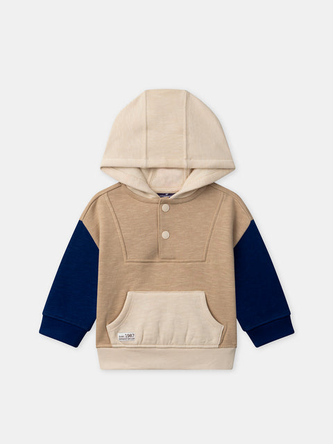 Beige Colourblock Cotton Fleece Hoodie