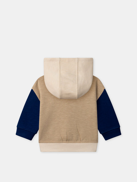 Beige Colourblock Cotton Fleece Hoodie