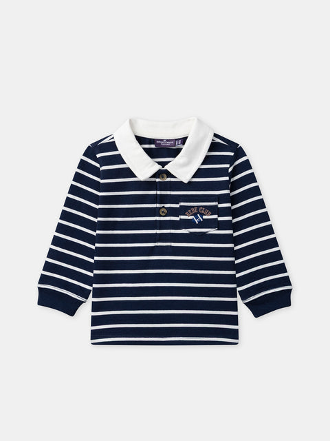 Navy & White Stripe Cotton Polo Shirt