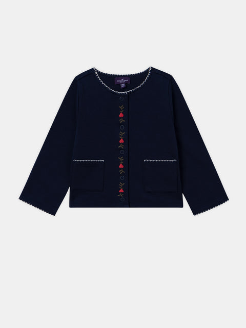 Embroidered Navy Cotton Fleece Cardigan